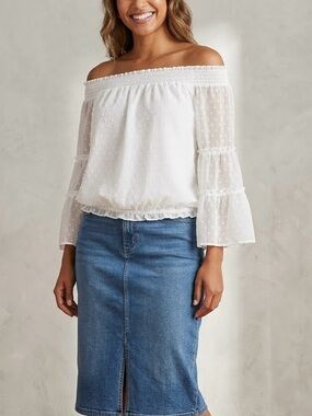 HL Affair Off the Shoulder Boho Peasant Blouson Top, White Swiss Dot Size M, NWT